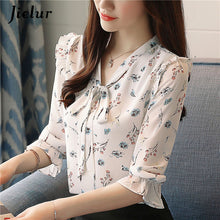 Load image into Gallery viewer, Jielur 2020 Autumn Three Quarter Women's Blouses Print Floral Print Chiffon Shirts Casual Lace Up Female Blusas Ladies Top S-XXL