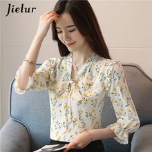 Load image into Gallery viewer, Jielur 2020 Autumn Three Quarter Women's Blouses Print Floral Print Chiffon Shirts Casual Lace Up Female Blusas Ladies Top S-XXL