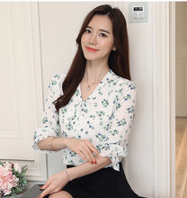 Load image into Gallery viewer, Jielur 2020 Autumn Three Quarter Women's Blouses Print Floral Print Chiffon Shirts Casual Lace Up Female Blusas Ladies Top S-XXL