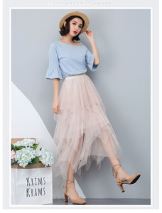 Women irregular Tulle Skirts Fashion Elastic High Waist Mesh Tutu Skirt Pleated Long Skirts Midi Skirt Saias Faldas Jupe Femmle