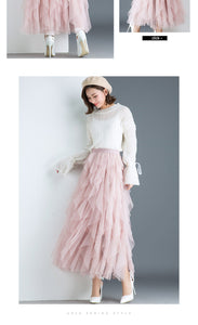 Women irregular Tulle Skirts Fashion Elastic High Waist Mesh Tutu Skirt Pleated Long Skirts Midi Skirt Saias Faldas Jupe Femmle