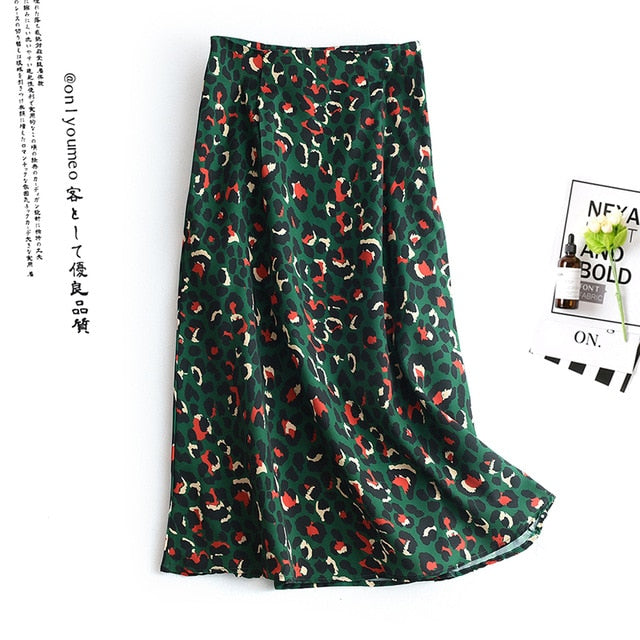 2020 Colorful Leopard Print Long Skirt Fashion Women Ladies Green High Waist Split A-line Maxi Skirt Female