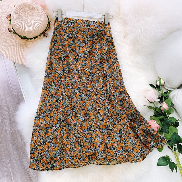 2020 Summer Flower Print Women Boho Skirt High Waist A-Line Long Skirt Casual Faldas Jupe Femme Saia Women Chiffon Skirt