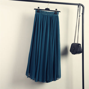 2020 Bohemia Long Skirts Women Stretch High Waist Solid Chiffon A-Line Skirt Casual Pleated Maxi Skirt Faldas Saias Streetwear