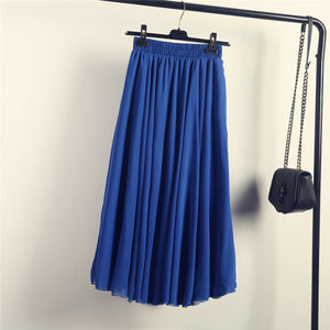 2020 Bohemia Long Skirts Women Stretch High Waist Solid Chiffon A-Line Skirt Casual Pleated Maxi Skirt Faldas Saias Streetwear