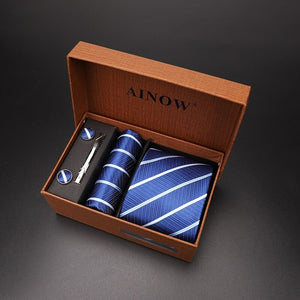 luxury tie set gift box for men 2019 jacquard necktie and pocket square clip cufflinks red black blue handkerchief formal dress