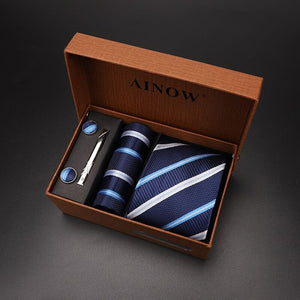 luxury tie set gift box for men 2019 jacquard necktie and pocket square clip cufflinks red black blue handkerchief formal dress