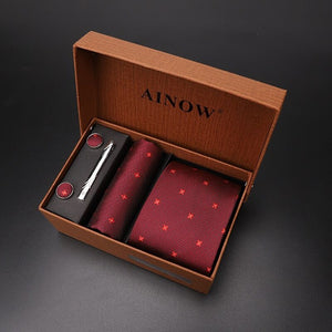 luxury tie set gift box for men 2019 jacquard necktie and pocket square clip cufflinks red black blue handkerchief formal dress