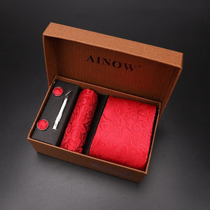 luxury tie set gift box for men 2019 jacquard necktie and pocket square clip cufflinks red black blue handkerchief formal dress