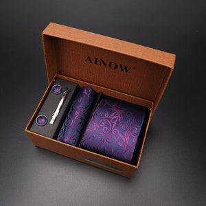 luxury tie set gift box for men 2019 jacquard necktie and pocket square clip cufflinks red black blue handkerchief formal dress