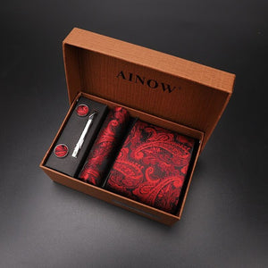 luxury tie set gift box for men 2019 jacquard necktie and pocket square clip cufflinks red black blue handkerchief formal dress