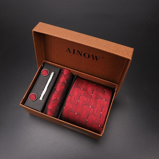 luxury tie set gift box for men 2019 jacquard necktie and pocket square clip cufflinks red black blue handkerchief formal dress