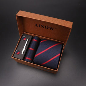 luxury tie set gift box for men 2019 jacquard necktie and pocket square clip cufflinks red black blue handkerchief formal dress