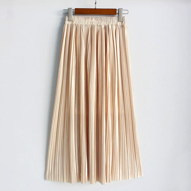 Hermicci 2020 Fashion Skirts Summer Pleated Long Skirts Women Metallic Midi Skirts Faldas Largas Mujer