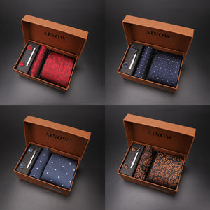 2020 New Men's Tie Sets Blue Red Silk Necktie Pocket Square Clip Cufflinks 4 Piece Set Suit Accessories Without Gift Box D001