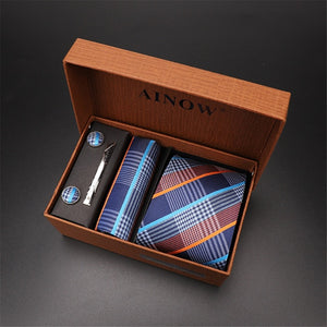 2020 New Men's Tie Sets Blue Red Silk Necktie Pocket Square Clip Cufflinks 4 Piece Set Suit Accessories Without Gift Box D001