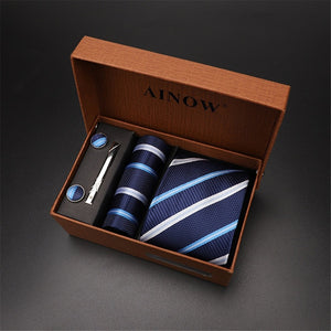 2020 New Men's Tie Sets Blue Red Silk Necktie Pocket Square Clip Cufflinks 4 Piece Set Suit Accessories Without Gift Box D001