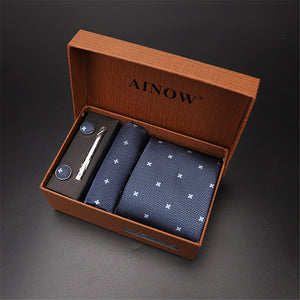 2020 New Men's Tie Sets Blue Red Silk Necktie Pocket Square Clip Cufflinks 4 Piece Set Suit Accessories Without Gift Box D001