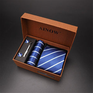 2020 New Men's Tie Sets Blue Red Silk Necktie Pocket Square Clip Cufflinks 4 Piece Set Suit Accessories Without Gift Box D001