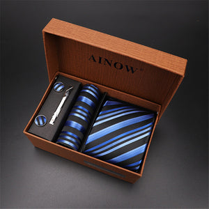 2020 New Men's Tie Sets Blue Red Silk Necktie Pocket Square Clip Cufflinks 4 Piece Set Suit Accessories Without Gift Box D001