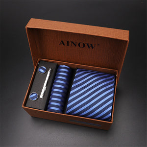 2020 New Men's Tie Sets Blue Red Silk Necktie Pocket Square Clip Cufflinks 4 Piece Set Suit Accessories Without Gift Box D001