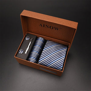 2020 New Men's Tie Sets Blue Red Silk Necktie Pocket Square Clip Cufflinks 4 Piece Set Suit Accessories Without Gift Box D001