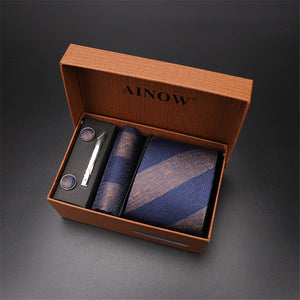 2020 New Men's Tie Sets Blue Red Silk Necktie Pocket Square Clip Cufflinks 4 Piece Set Suit Accessories Without Gift Box D001