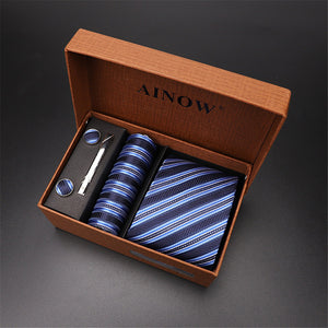 2020 New Men's Tie Sets Blue Red Silk Necktie Pocket Square Clip Cufflinks 4 Piece Set Suit Accessories Without Gift Box D001