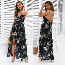 Load image into Gallery viewer, Boho Summer Floral Long Maxi Dress Women Sexy Halter Backless Straps Evening Party Beach Dresses Holiday Wear Sundress
