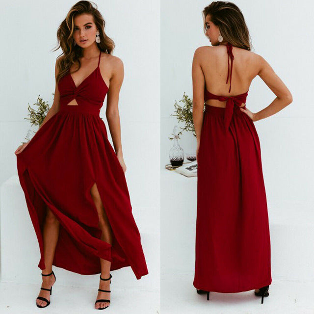 Boho Summer Floral Long Maxi Dress Women Sexy Halter Backless Straps Evening Party Beach Dresses Holiday Wear Sundress