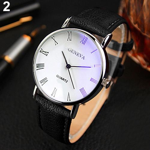 Men Roman Numerals Blu-Ray Faux Leather Band Quartz Analog Business Wrist Watch