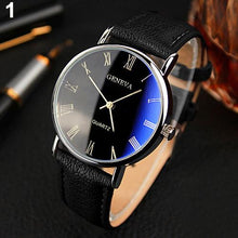 Load image into Gallery viewer, Men Roman Numerals Blu-Ray Faux Leather Band Quartz Analog Business Wrist Watch
