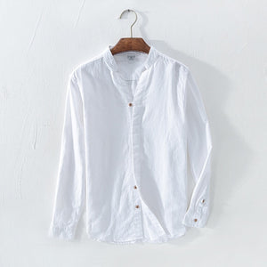 Cotton Linen Casual Shirts Men Basic Classic White Hawaiian Shirt 2020 Spring Male Long Sleeve Stand Collar Breathable Thin Tops