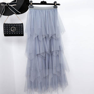 Women irregular Tulle Skirts Fashion Elastic High Waist Mesh Tutu Skirt Pleated Long Skirts Midi Skirt Saias Faldas Jupe Femmle