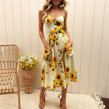 Load image into Gallery viewer, 2019 New Women Print Floral Stripe Long dress Sexy V-Neck Sleevele Button Beach Casual Boho Midi Dress Plus Size 3XL vestidos
