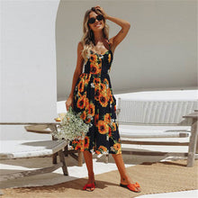 Load image into Gallery viewer, 2019 New Women Print Floral Stripe Long dress Sexy V-Neck Sleevele Button Beach Casual Boho Midi Dress Plus Size 3XL vestidos
