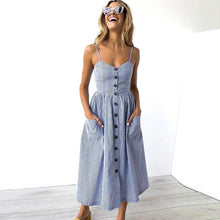 Load image into Gallery viewer, 2019 New Women Print Floral Stripe Long dress Sexy V-Neck Sleevele Button Beach Casual Boho Midi Dress Plus Size 3XL vestidos
