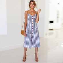 Load image into Gallery viewer, 2019 New Women Print Floral Stripe Long dress Sexy V-Neck Sleevele Button Beach Casual Boho Midi Dress Plus Size 3XL vestidos
