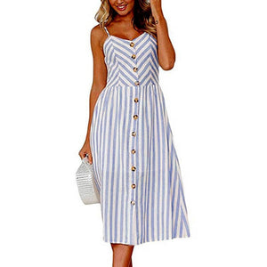 2019 New Women Print Floral Stripe Long dress Sexy V-Neck Sleevele Button Beach Casual Boho Midi Dress Plus Size 3XL vestidos