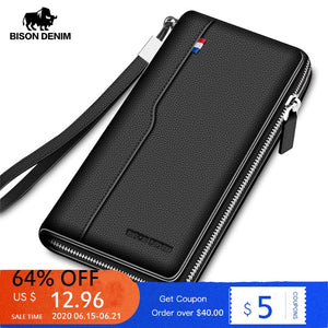 BISON DENIM Genuine leather RFID Blocking Wallet Zipper Coin Pocket Long Purse Passport Cover For Men Card Holder Purse W8226