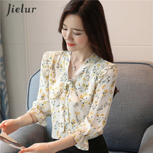 Load image into Gallery viewer, Jielur 2020 Autumn Three Quarter Women's Blouses Print Floral Print Chiffon Shirts Casual Lace Up Female Blusas Ladies Top S-XXL
