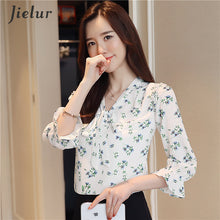 Load image into Gallery viewer, Jielur 2020 Autumn Three Quarter Women's Blouses Print Floral Print Chiffon Shirts Casual Lace Up Female Blusas Ladies Top S-XXL
