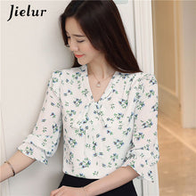 Load image into Gallery viewer, Jielur 2020 Autumn Three Quarter Women's Blouses Print Floral Print Chiffon Shirts Casual Lace Up Female Blusas Ladies Top S-XXL
